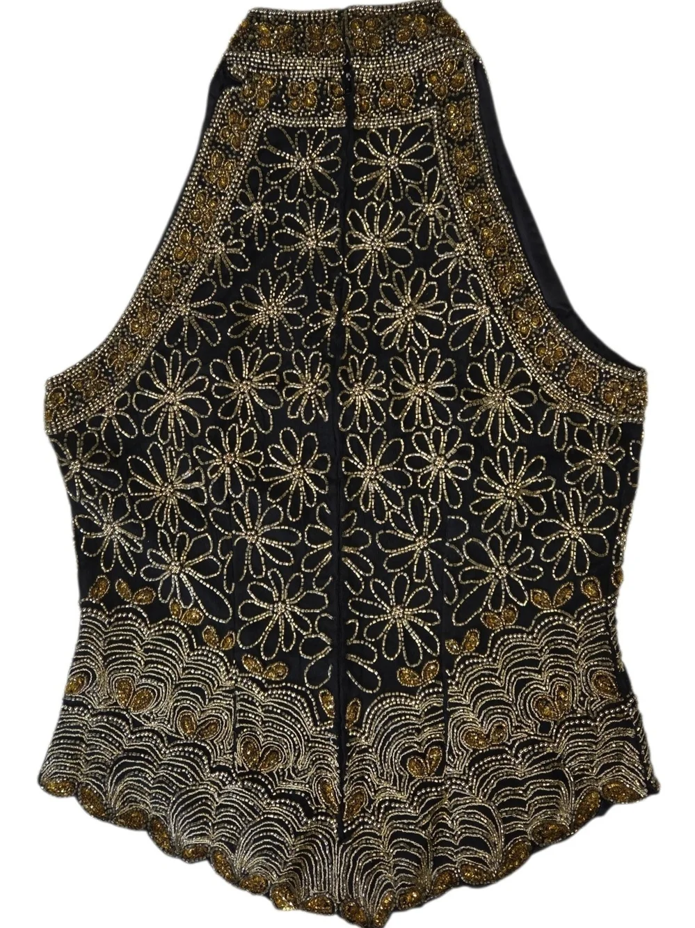 Vintage Laurence Kazar Floral Beaded 100% Silk Black & Gold Halter Top Medium